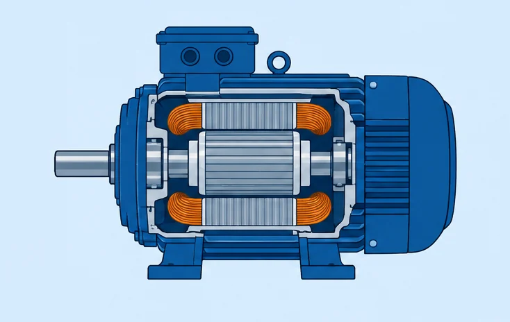 Illustration of an induction motor cut-away showing the stator winding coils